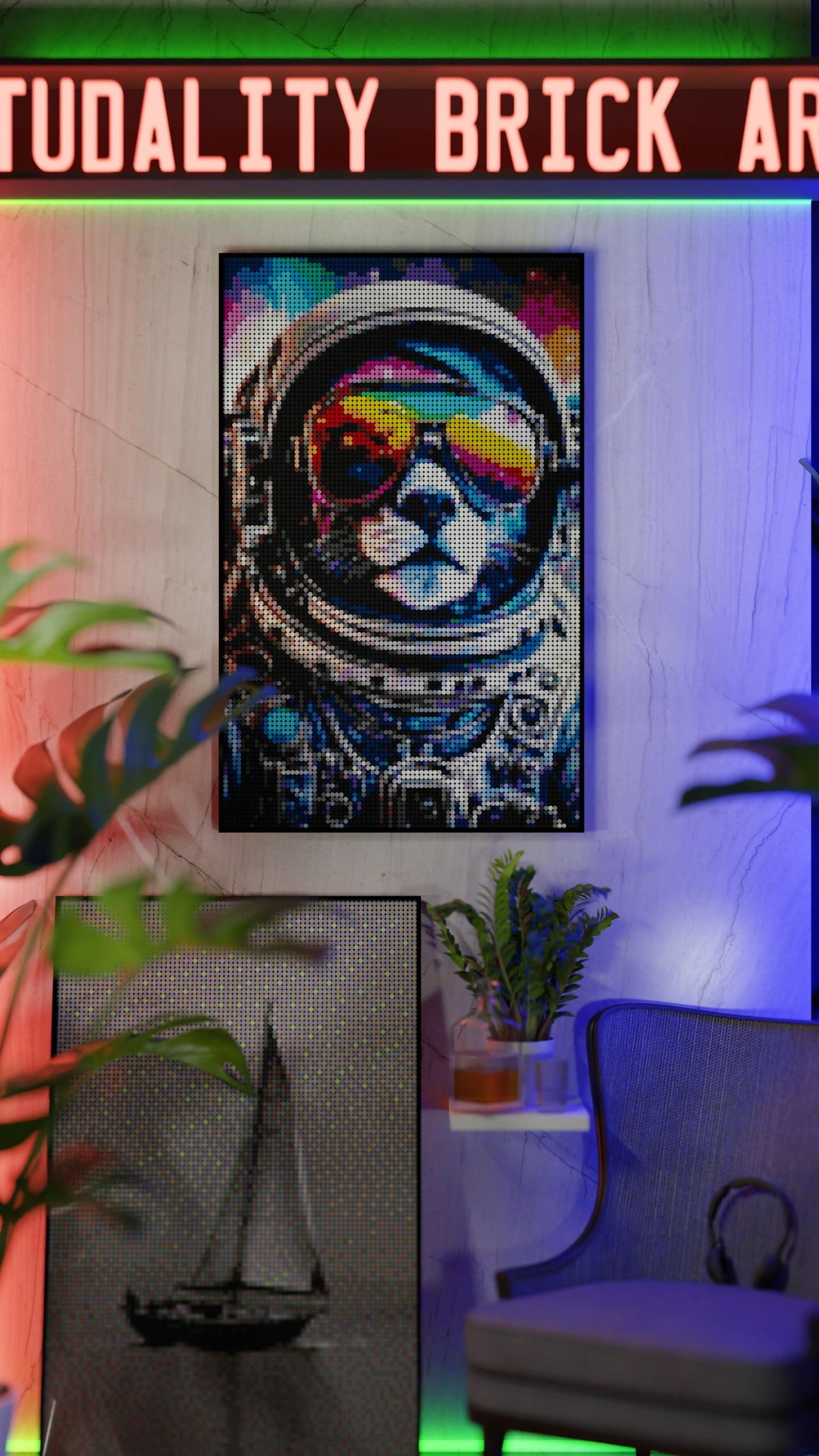 Purrsuit of Space LEGO® Style mosaic pixel art design for display